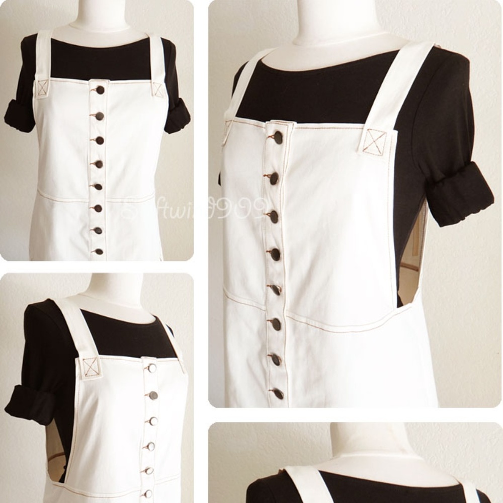 Cream Button Down Overall Skirt Pinafore Dress - Picture 2 of 8
